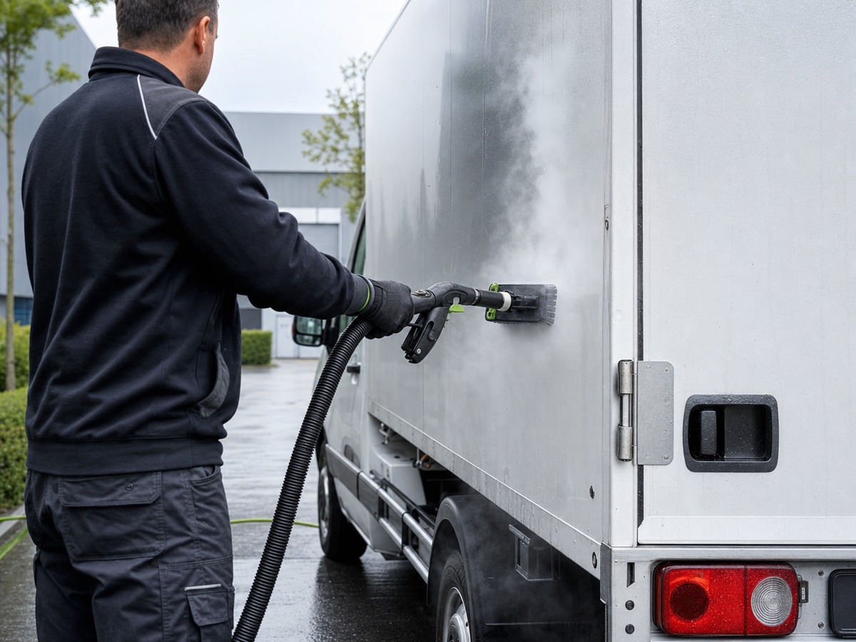 Bedrijfswagen wordt gereinigd door professional